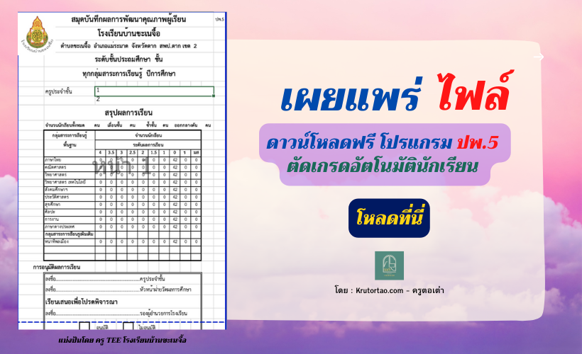 ดาวน์โหลดเลย !! ดาวน์โหลดฟรี โปรแกรม ปพ.5 ตัดเกรดอัตโนมัตินักเรียน โดยครู Tee โรงเรียนบ้านขะเนจื้อ