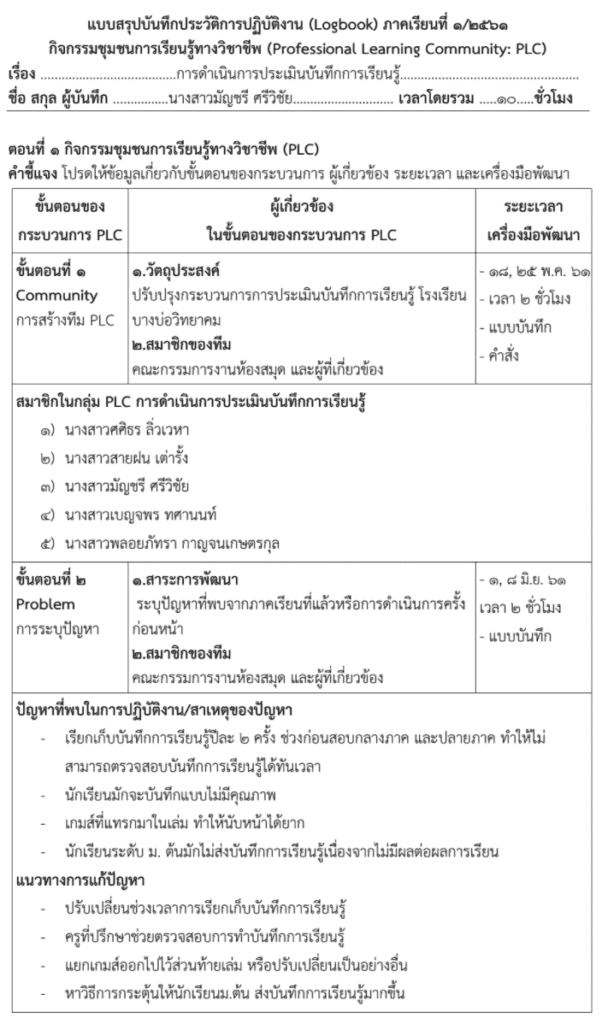 แบบรายงานผลการทำ PLC รายเทอม แบบสรุปรวม พร้อมปก