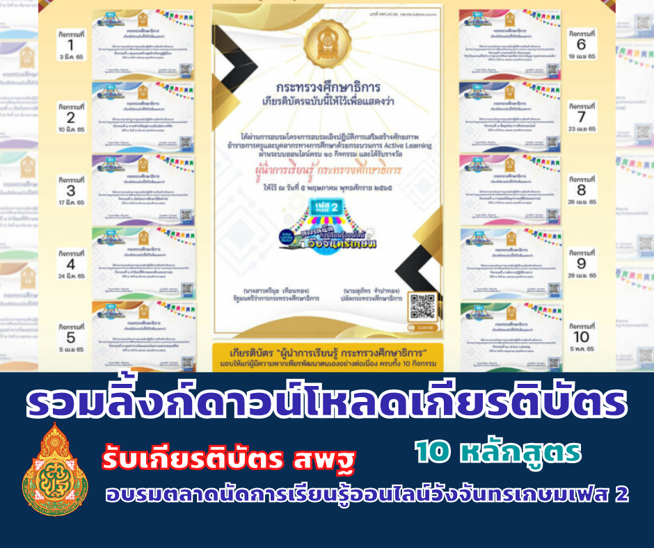 รวมลิ้งก์ดาวน์โหลดเกียรติบัตร อบรมตลาดนัดการเรียนรู้ออนไลน์วังจันทรเกษมเฟส 2