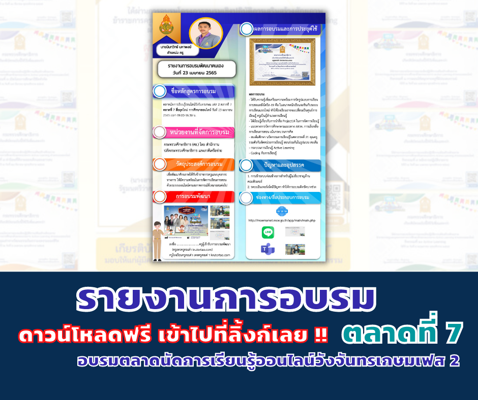 ดาวน์โหลดไฟล์ รายงานการอบรม ตลาดที่ 7 “สื่อยุคใหม่ การศึกษาออนไลน์” อบรมตลาดนัดการเรียนรู้ออนไลน์วังจันทรเกษมเฟส 2