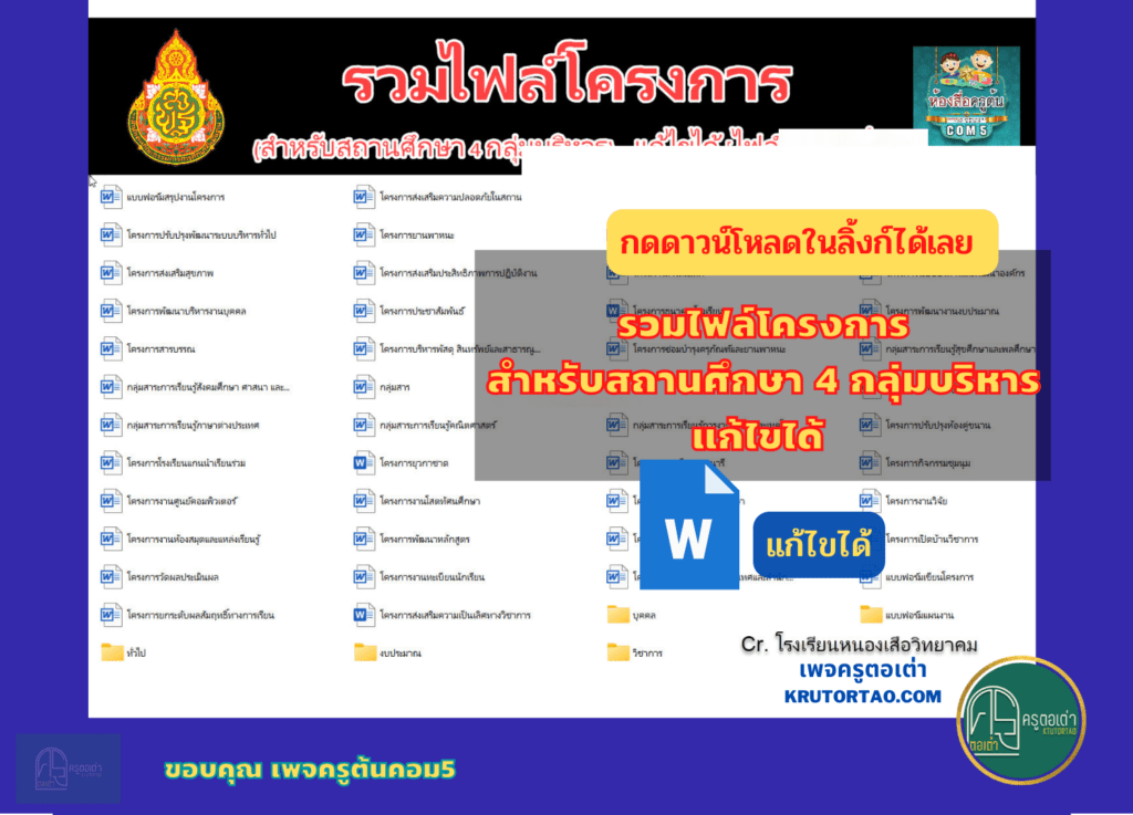 รวมไฟล์โครงการ เพื่อใช้เป็นแนวทาง (สำหรับสถานศึกษา 4 กลุ่มบริหาร) แก้ไขได้ [ไฟล์ word]