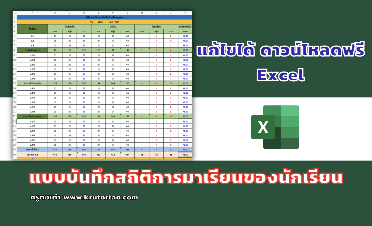 แจกไฟล์ Excel แก้ไขได้ แบบบันทึกสถิติการมาเรียนของนักเรียน