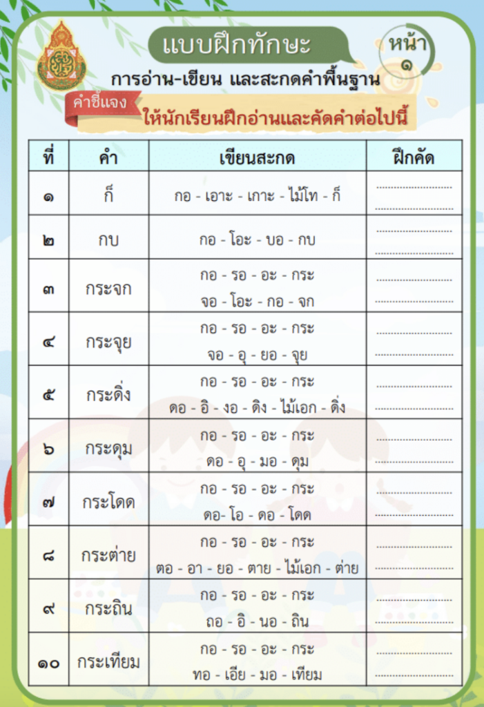 เผยแพร่แบบฝึกทักษะการอ่าน-เขียนและสะกดคำพื้นฐาน ชั้น ป.1 แบบฝึกทักษะอ่านออกเขียนได้