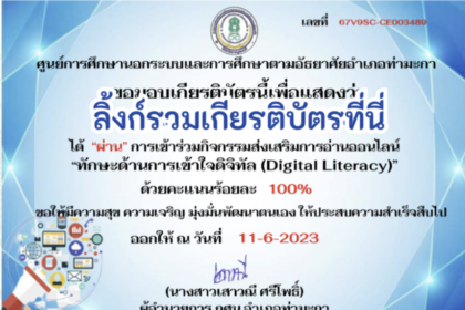 ด่วนเกียรติบัตรออนไลน์ฟรี ครู นักเรียน ทำข้อสอบ ทำแบบทดสอบ แบบทดสอบออนไลน์ ทักษะด้านการเข้าใจดิจิทัล Digital Literacy กศน ตำบลท่าไม้