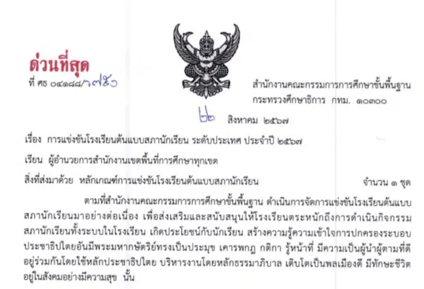 สพฐ.ประกาศการแข่งขันโรงเรียนต้นแบบสภานักเรียน ระดับประเทศ ประจำปี 2567