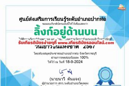 เกียรติบัตรออนไลน์ฟรี 2567 แบบทดสอบออนไลน์ วันเยาวชนแห่งชาติ 2567 สกร.ปากท่อ