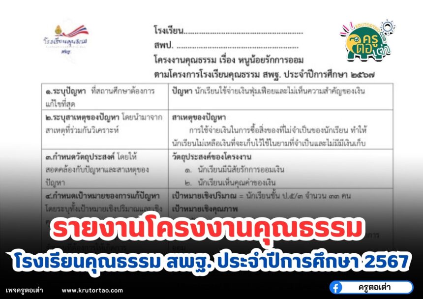 ดาวน์โหลดฟรี รายงานโครงงานคุณธรรม ตามโครงการโรงเรียนคุณธรรม สพฐ. ประจำปีการศึกษา 2567