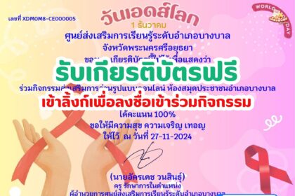 เกียรติบัตรออนไลน์ฟรี 2567 วันเอดส์โลก World AIDS Day ห้องสมุดบางบาล อยุธยา